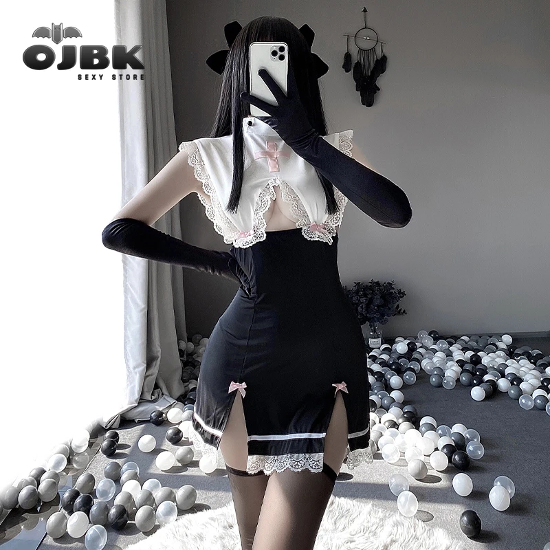 

Anime Nuns Cosplay Outfit For Women Kawaii Lace Sexy Costumes Sleeveless Halter Japanese Uniform Hollow Slim Fashion Dress 2022