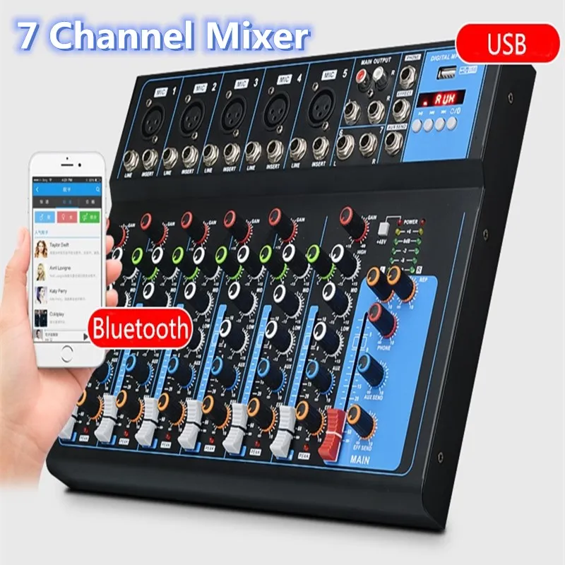 7 Channel Audio Mixer DJ Karaoke bluetooth USB Record Computer Playback Phantom Power Music Sound Mixing Device Digital Display