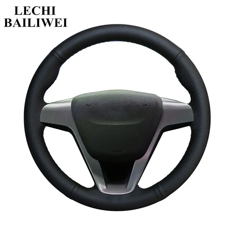 Сшитый вручную черный чехол рулевого колеса автомобиля из натуральной кожи для