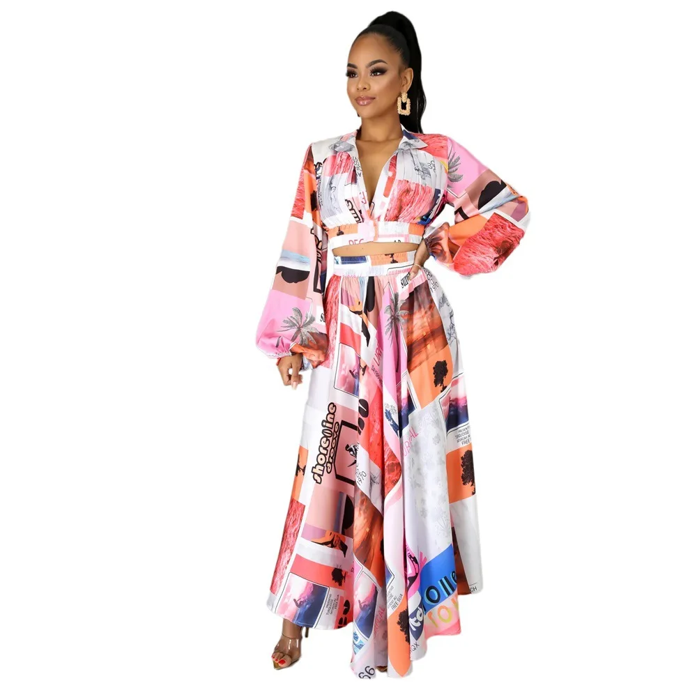 2021 New Spring/summer S-XL Skirt Two-piece Womens Long Sleeve Crop Top + Loose Skirt Set Elegant Print Sexy Dashiki Casual Suit