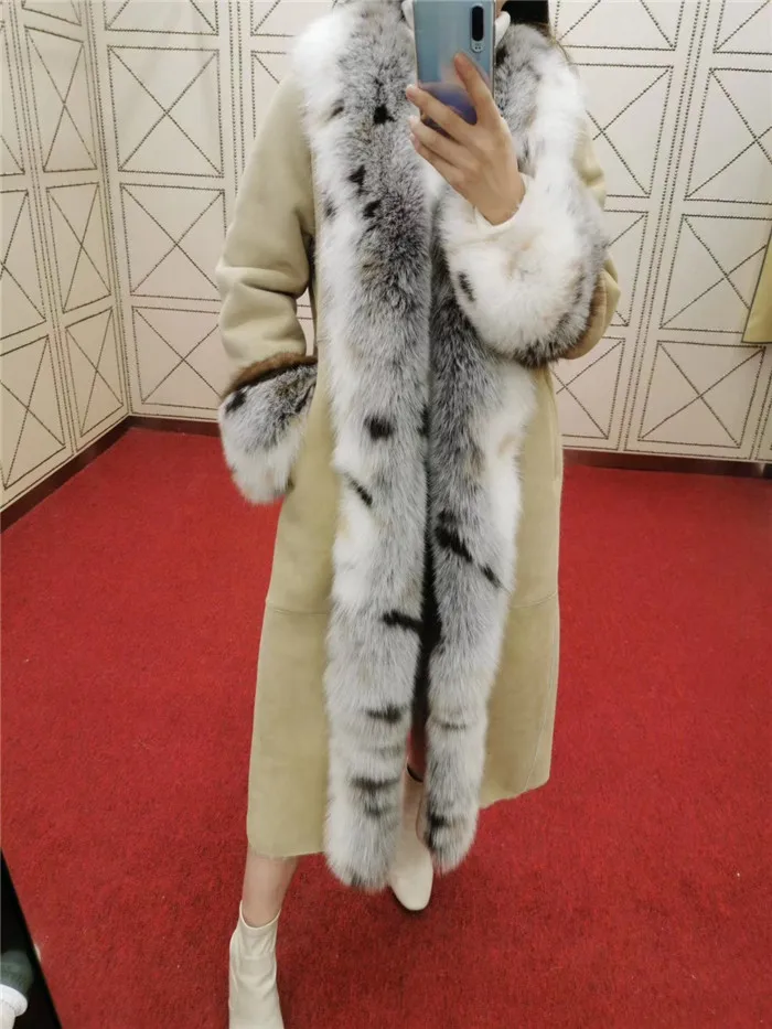Хаки Chaquetas mujer, натуральная овчина, Двусторонняя куртка, Воротник из натурального Лисьего меха и манжеты, длинное зимнее пальто для женщин - Цвет: Хаки