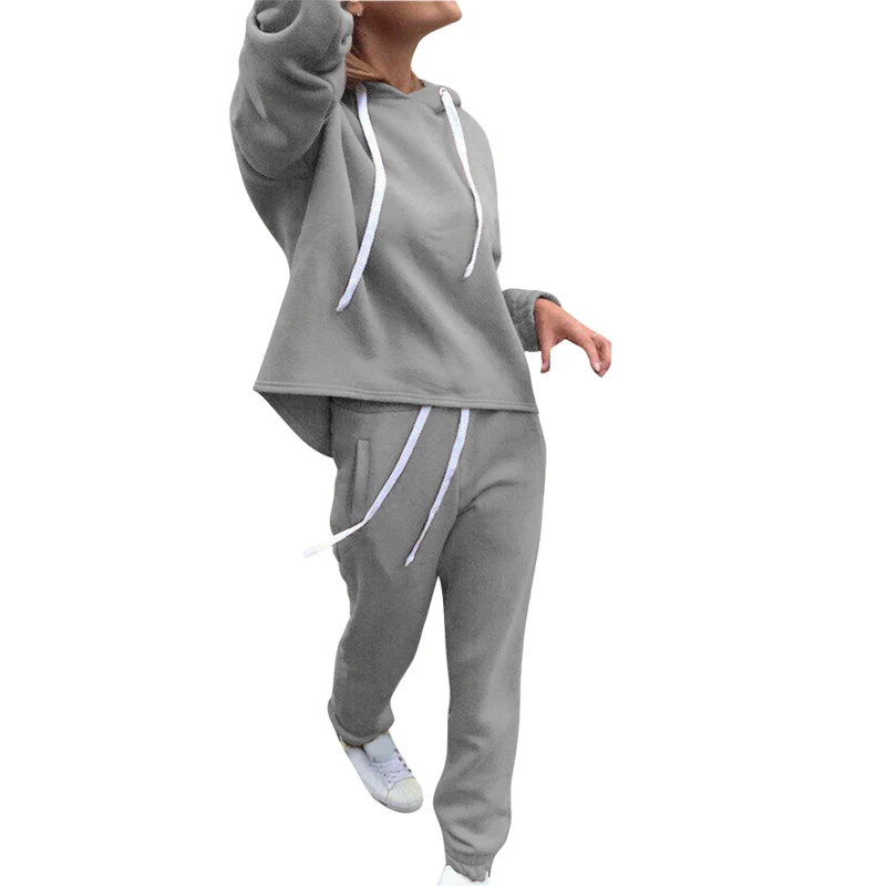 Спортивный комплект из двух предметов, женская зимняя спортивная толстовка с капюшоном на шнурке+ тренировочный костюм-карандаш, пуловер, комплект - Цвет: Gray