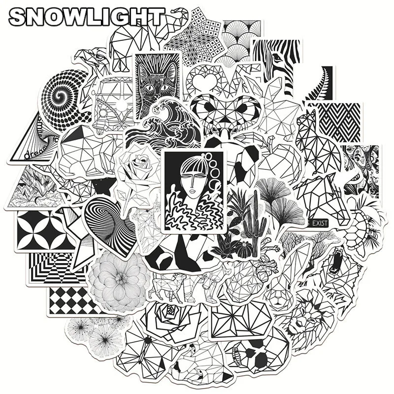 10/50pcs/set Black And White Geometry Animal Cartoon Graffiti Stickers For Helmet Skateboard Diaries Mixed Luggage Laptop Case