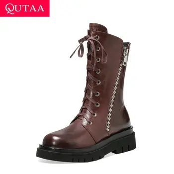 

QUTAA 2021 Motorcycle Boots Fashion Lace Up Zipper Mid Calf Boots Autumn Winter Sheepskin Round Toe Women Shoes Size 34-39