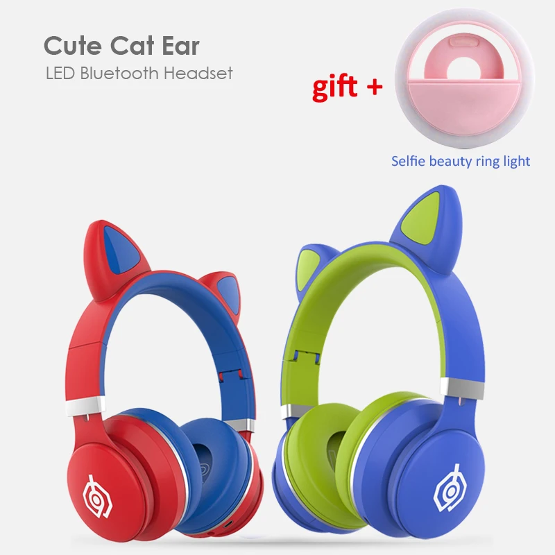 Colorful Cat Ear Headset Selfie Ring Light Wireless Bluetooth Kids Headphones Cute Earphones for Daughters Girls Gift with Mic