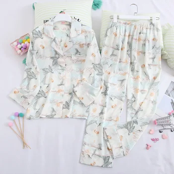 

Light Blue Print Flower Women 2PCS Pajams Sets Sexy Turn-down Collar Pyjamas Pocket Sleepwear Nightwear Lingerie Autumn Homewear