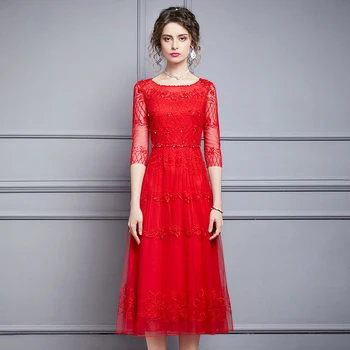 

Plus size Women mesh dress new 2020 spring summer luxury brand designer embroidery black lace dresses beading red pink
