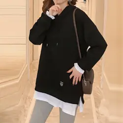 Харадзюку длинный балахон женские топы кофты женские толстовки корейские Поддельные двухсекционные Платья С Капюшоном