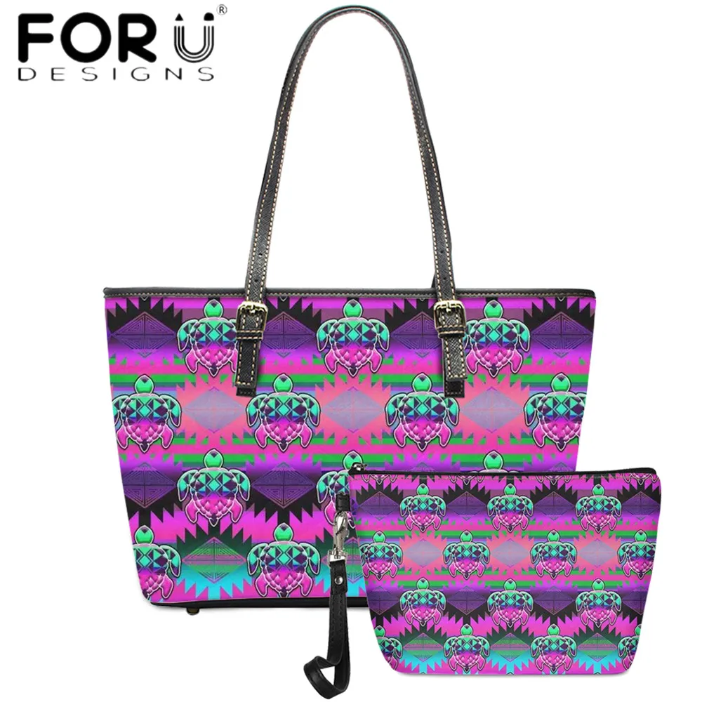 

FORUDESIGNS Luxury Women Totes Bag 2pcs Set Sea Turtle Ethnic Pattern 3D Printing Female Handbags Lady Beach Shoulder Bags Sac