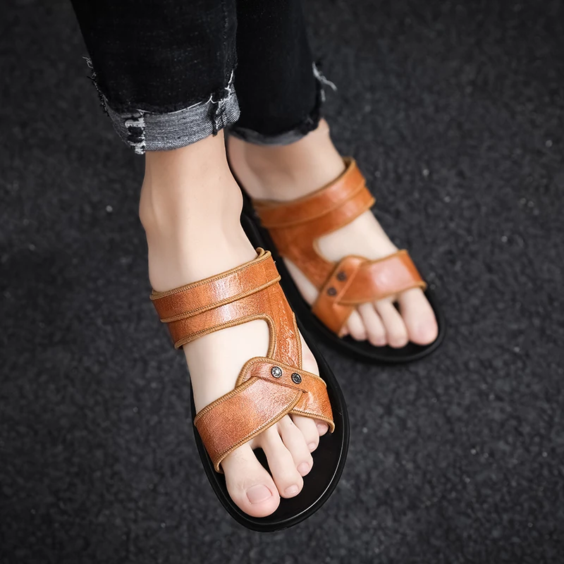 Popular Summer Beach Men Shoes Ankle-Wrap Mens Sandals Leather Black Brown Soft Slippers Man Slip on Sandals for Men Size 38-43