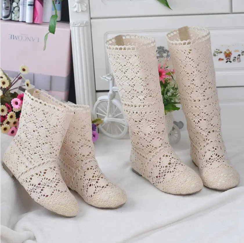 Botas de red combinables para mujer, botines de punto con encaje alto/bajo, zapatos planos informales para estudiantes, novedad de verano