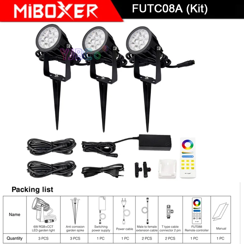 Miboxer FUTC08A 6 Вт RGB+ CCT светодиодный садовый светильник+ DC24V 65 Вт Светодиодный источник питания+ Кабельный разъем+ FUT088 2,4G беспроводной пульт дистанционного управления - Испускаемый цвет: FUTC08A