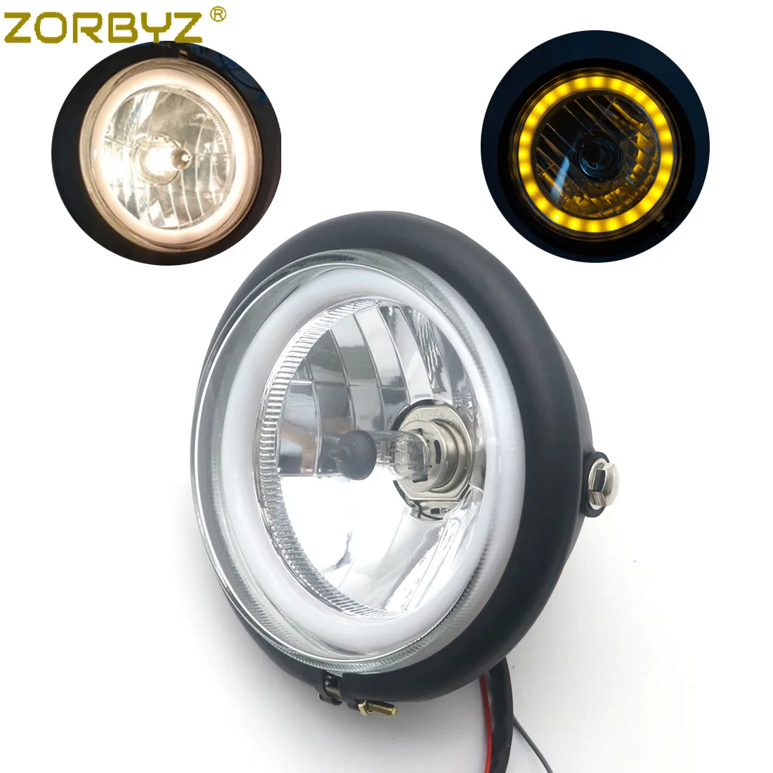 ZORBYZ мотоцикл черный металлический Ангел глаз свет кольцо ретро передняя фара для Honda Yamaha Kawasaki Suzuki - Цвет: Amber Angel Eyes
