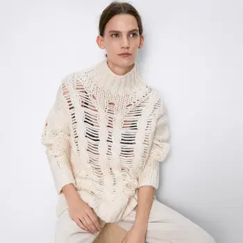 

2019 ZA Fashion White Choker Sweater for Women Statement Hollow Out Pullover Autumn Winter Long Sleeve Casual Soft Outwear Tops