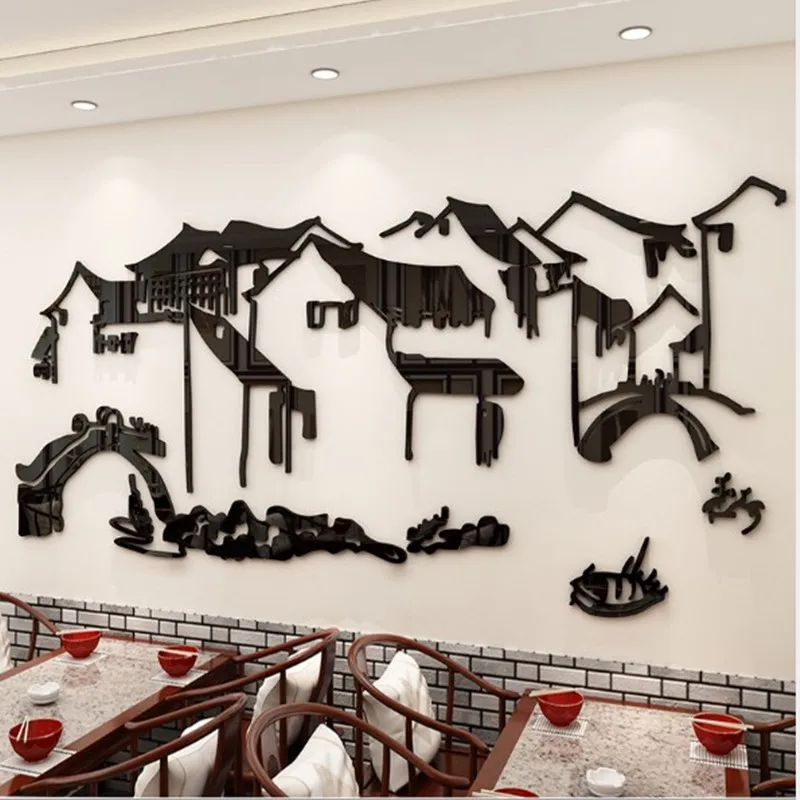 

Ancient Town Parlor Hotel Black Retro Building 3D Acrylic Mirror Sticker, Background Wall, Home Decor