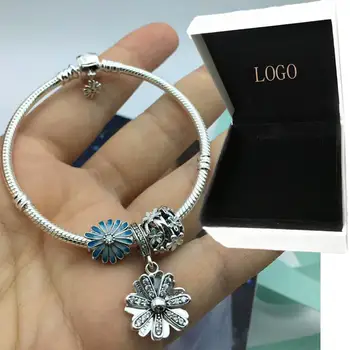 

Spring 2020 Jewelry Sparkling Openwork Daisy Flower Dangle Charm Beads Moments Clasp Snake Chain Bracelet Set Gift