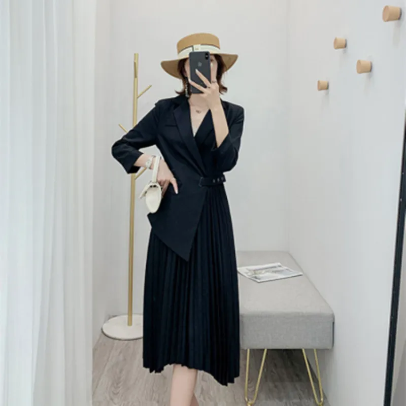 Autumn New Runway Women Fashion Notched Stitching Side buckle Pleated Hem Mid Calf Dress Elegant OL Work Wear Suits Dress