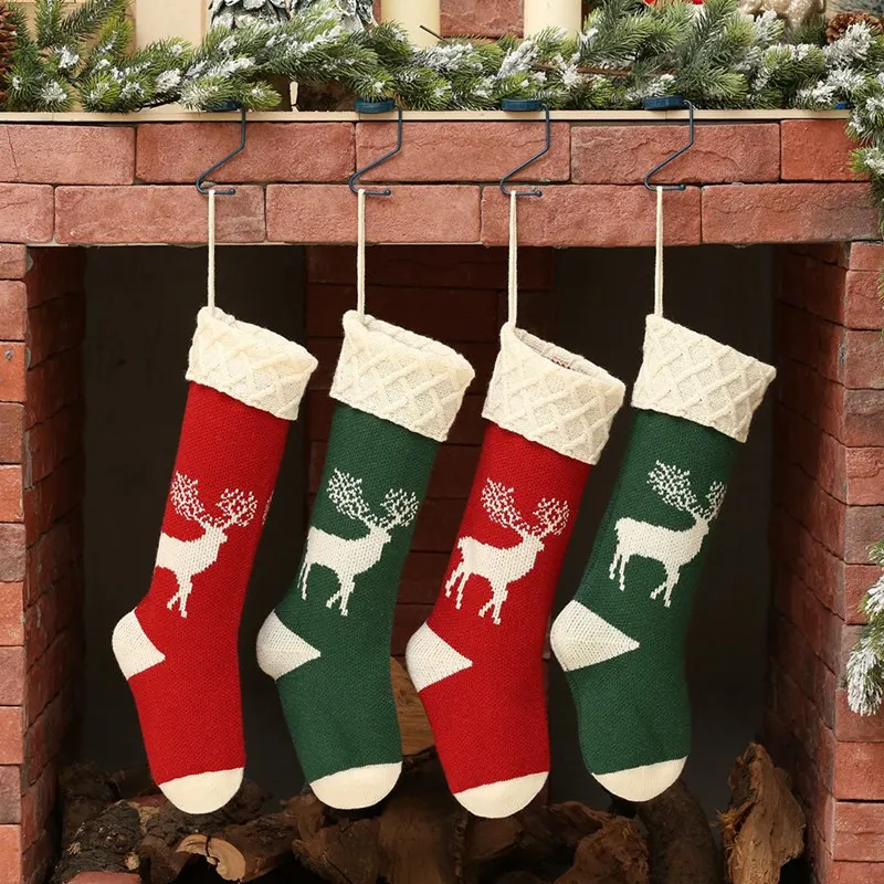 Christmas Socks Deer Printed Knitted Christmas Socks Gift Bag Ornaments Red Holder Tree Stocking Fireplace Hanging Present K