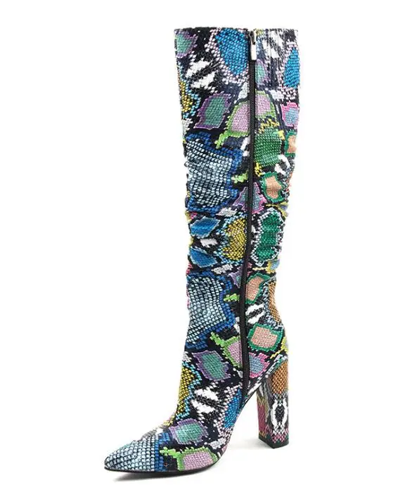 fashion woman colorful snake print chunky high heel pointed toe knee high boots woman