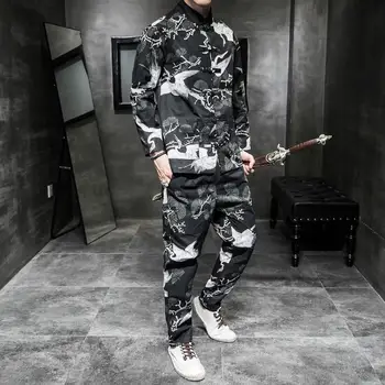

Traditional Chinese Style Parten Printed Man Clothes Set Long Sleeve Jacket Two Piece Set Top And Pants Mandarin Collar Sets 5XL
