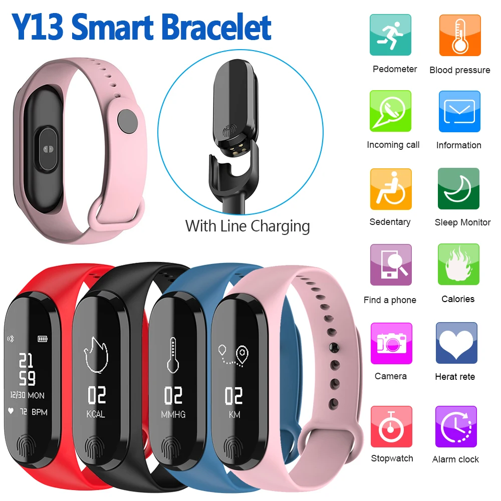 

Y13 Smart Bracelet Fitness Tracker Step Counter Heart Rate Blood Pressure Information Push Smart Reminder Waterproof Pedometer