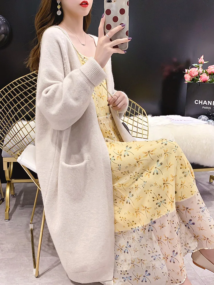 

2020 women sweater knitted cardigans loose korean clothing long coat open stitch pockets female long knitwear sueter feminino