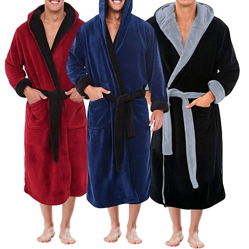 silk sleepwear Universal FashionMen's Long Sleeve Hooded Bathrobe Soft Lounge Wear Housecoat Winter Warm Gown Robe mens pjs set