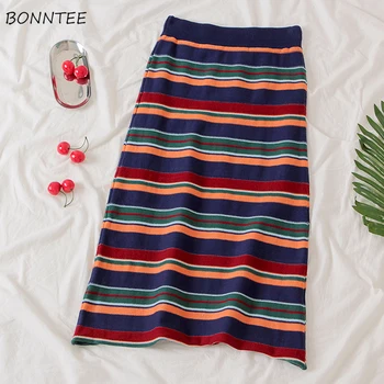 

Skirts Womens Striped Popular Knitting Colorful Elastic All-match Trendy Spring Autumn High Waist Elegant Women A-Line Casual