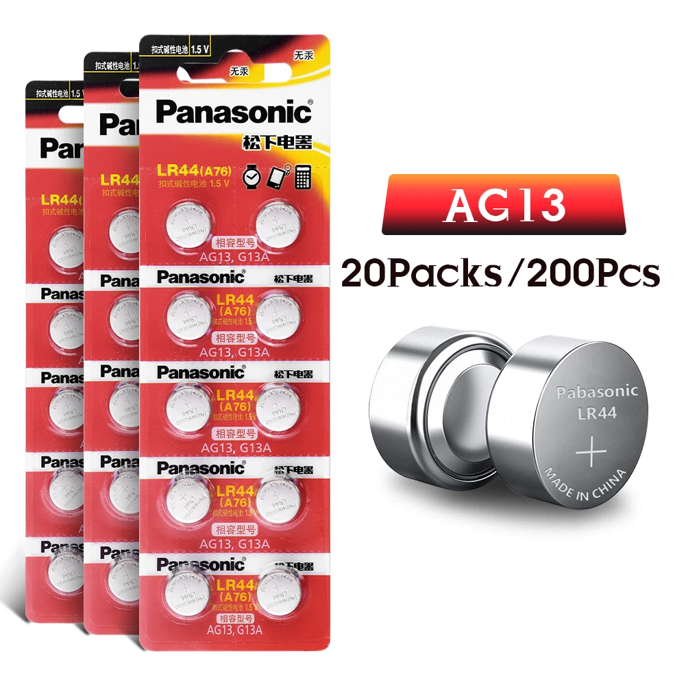 Panasonic 200 шт. 1,5 в AG13 Zn/MnO2 LR44 LR 44 120 мАч Кнопка калькулятора батареи для лазерной указки слухового аппарата часы видеокамеры