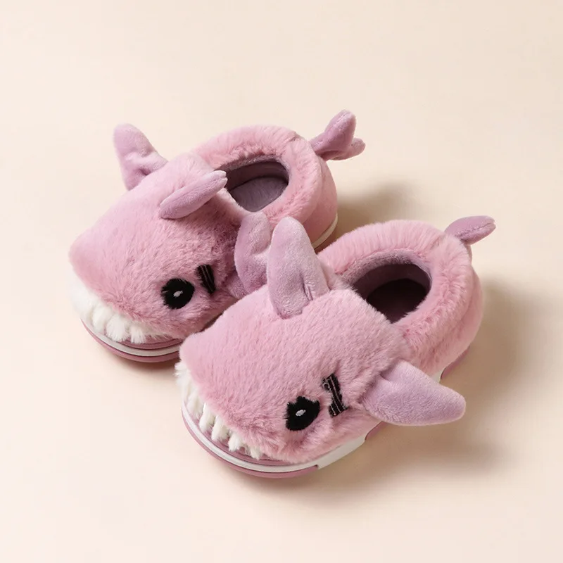 Pink Children Shoes Winter Slippers Cartoon Cute Shark Indoor Slippers Baby Boys Shoes Warm Fur Non Slip Baby Girls Shoes Slippers - Color: Pink