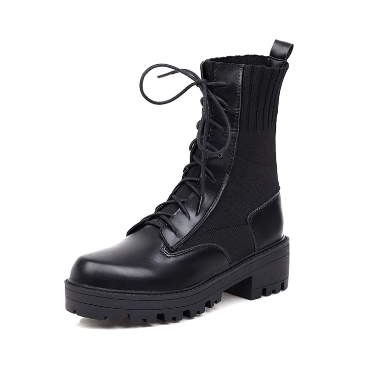 PU black short boots MNIXUAN/Женская обувь; коллекция года; Сезон Зима; Новинка; ботинки на платформе из натуральной кожи с круглым носком; обувь с вязаным носком на шнуровке; Черные ботильоны; Размер 9 - Цвет: PU black short boots