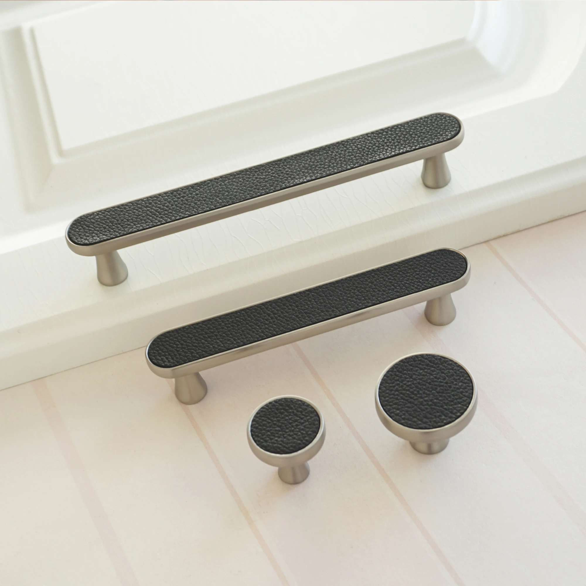 

3.75" 5" Black Leather Metal Cabinet Handles Round Drawer Knobs Door Handle Wardrobe Bookcase Handles Hardware 26mm 35mm