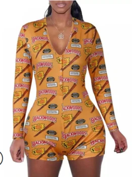 

Women Pajamas Playsuit Full Length Regular Sleeve Big Open V-neck Cotton Printed Skinny Slim Fitting Pajamas Playsuit