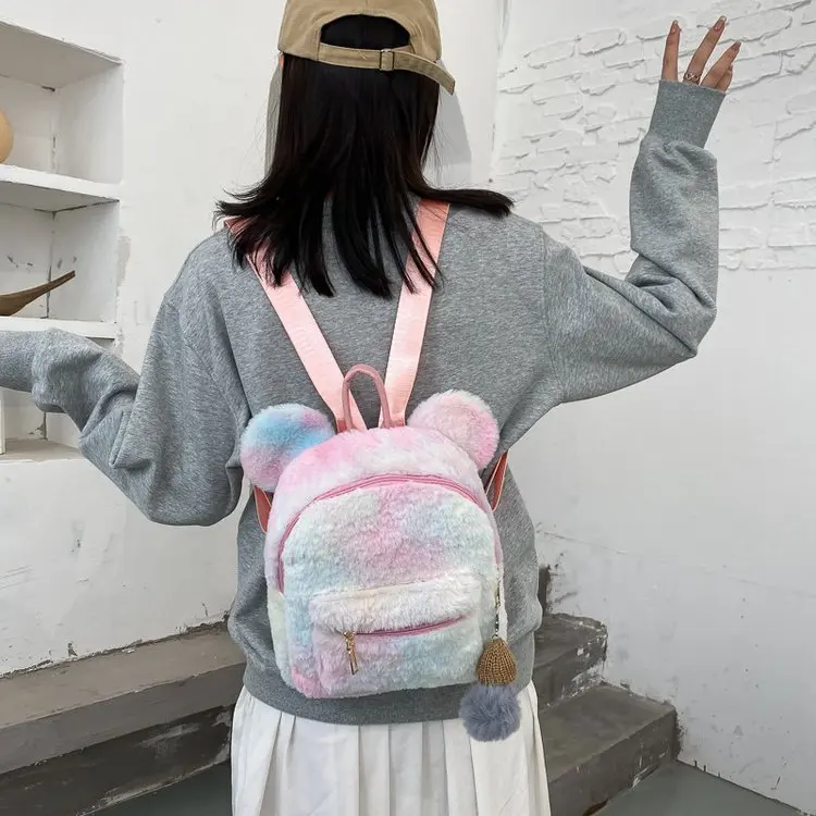 Custom Bear Faux Fur Mini Backpack Rabbit Ear Women Travel Shoulder Bags Fashion Plush Backpack Rucksack School Bag for Girls