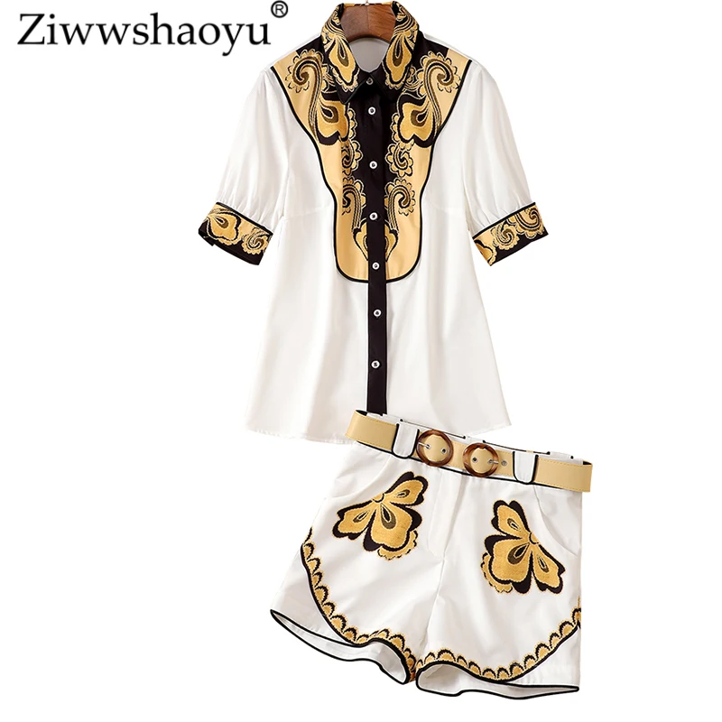 

Ziwwshaoyu Fashion Print Sets Turn-down Collar Short sleeve shirt + High waist Shorts Two-piece set New women