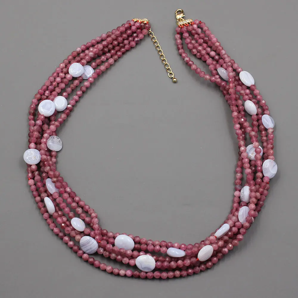 6 Strands Red Round Faceted Tourmalines Blue Agate Chalcedony Necklace Fashion Jewelry