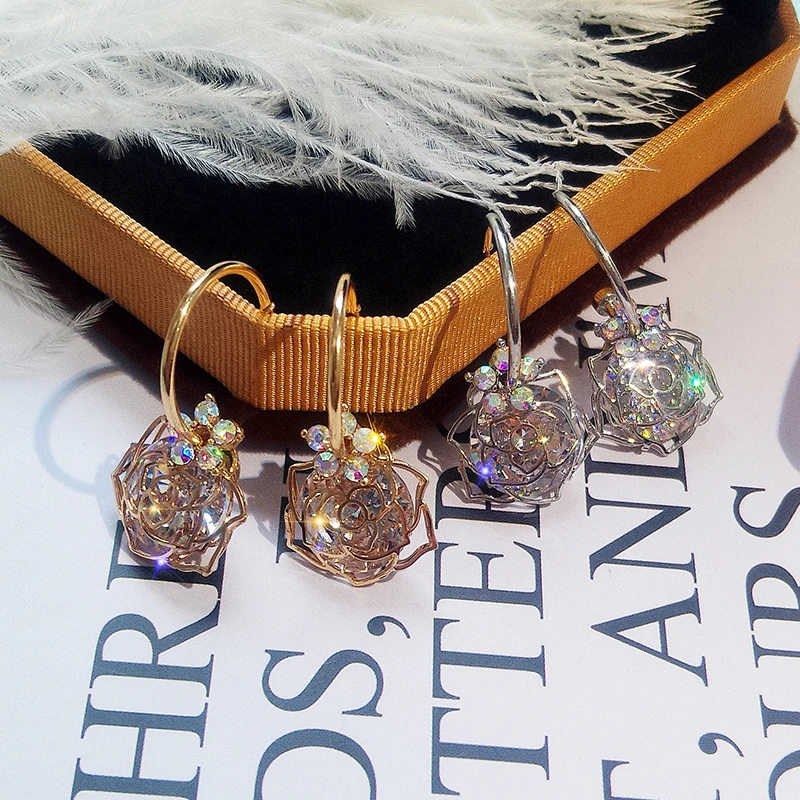 

Lagemisay Rose Flower Zircon Drop Earrings For Women Korean Temperament Floral Personality Long Alloy Earrings Trendy Jewelry