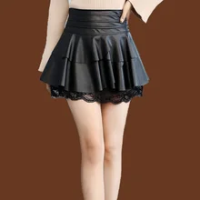 Женская Сексуальная плиссированная юбка с высокой талией, черная юбка из искусственной кожи, винтажная короткая мини-юбка, кружевная Женская одежда, Saias AQ978