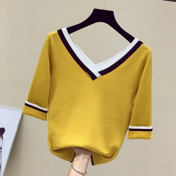 

V-neck patchwork elastic knitted sweater women Half sleeve slim Pullover Korean modis sweaters Basic top 2019 autumn new arrival