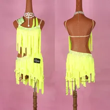 Блестящее платье для латинских танцев со стразами женские костюмы для сальсы высококачественные флуоресцентные желтые платья для латинских танцев с кисточками