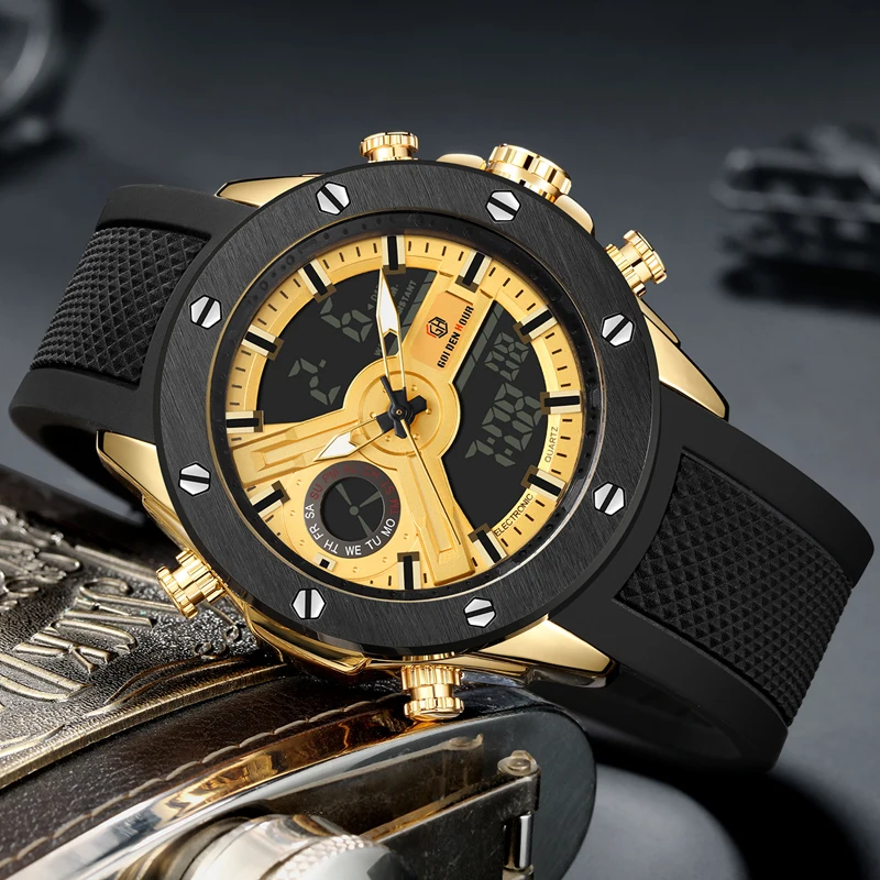 GOLDENHOUR Relojes Para Hombre брендовые модные светящиеся водонепроницаемые кварцевые часы Роскошные с двойным дисплеем мужские часы деловые часы