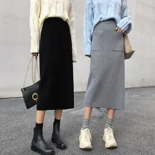 Женская трикотажная юбка, Осень-зима, повседневная, элегантная, женская, с разрезом, модная, посылка, с карманами на бедрах, эластичная