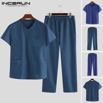 

INCERUN Men Sets Homewear Short Sleeve V Neck Tops Vintage Elastic Waist Pants Pockets Casual Solid Men Work Cargo Sets S-5XL