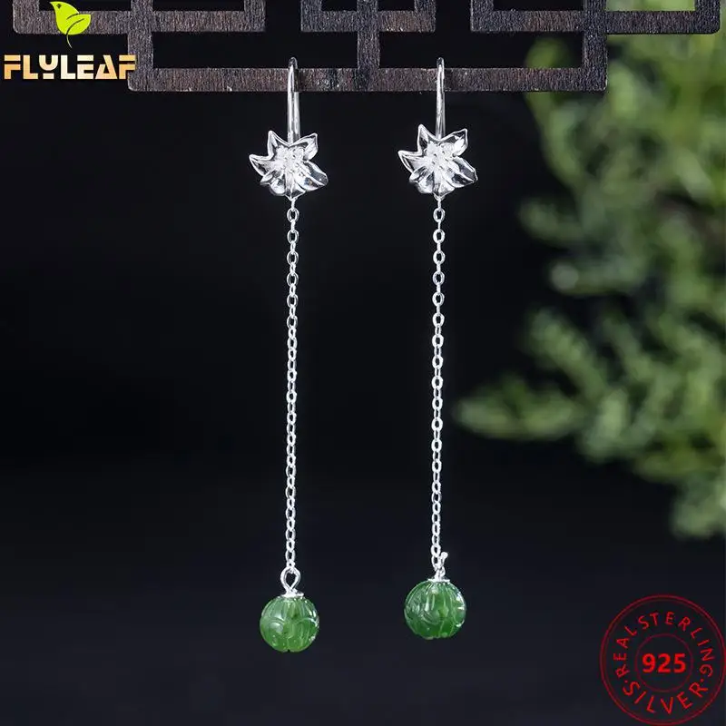 

Green Jade Lotus Flower Long Tassel Drop Earrings For Women 925 Sterling Silver Elegant Woman Vintage Jewelry 2021 Trend