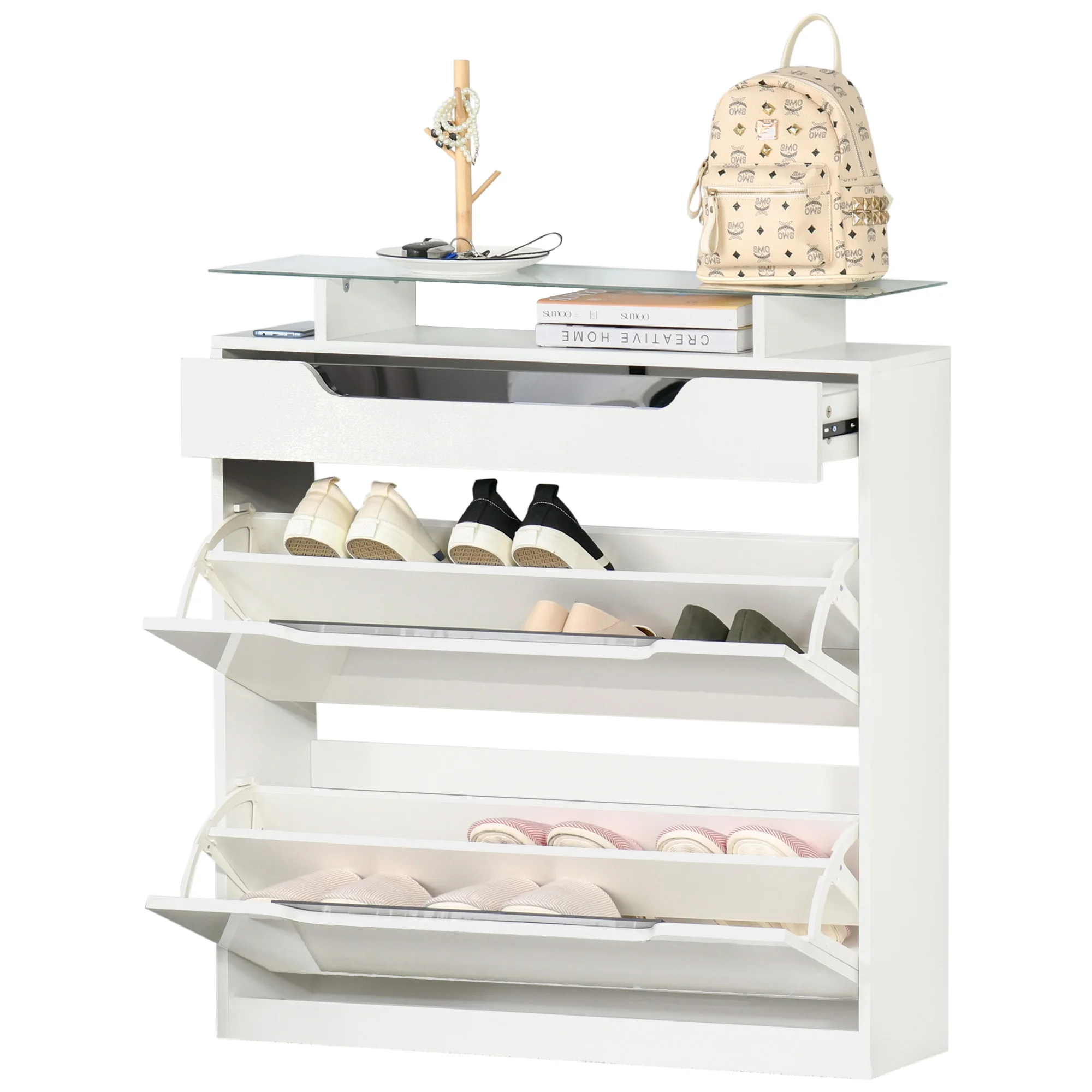 HOMCOM Scarpiera Moderna, 2 Cassetti Per 16 Scarpe Con Mensola Regolabile E Ripiano In Vetro 89x23x96cm Bianco Lucido~837 164wt
