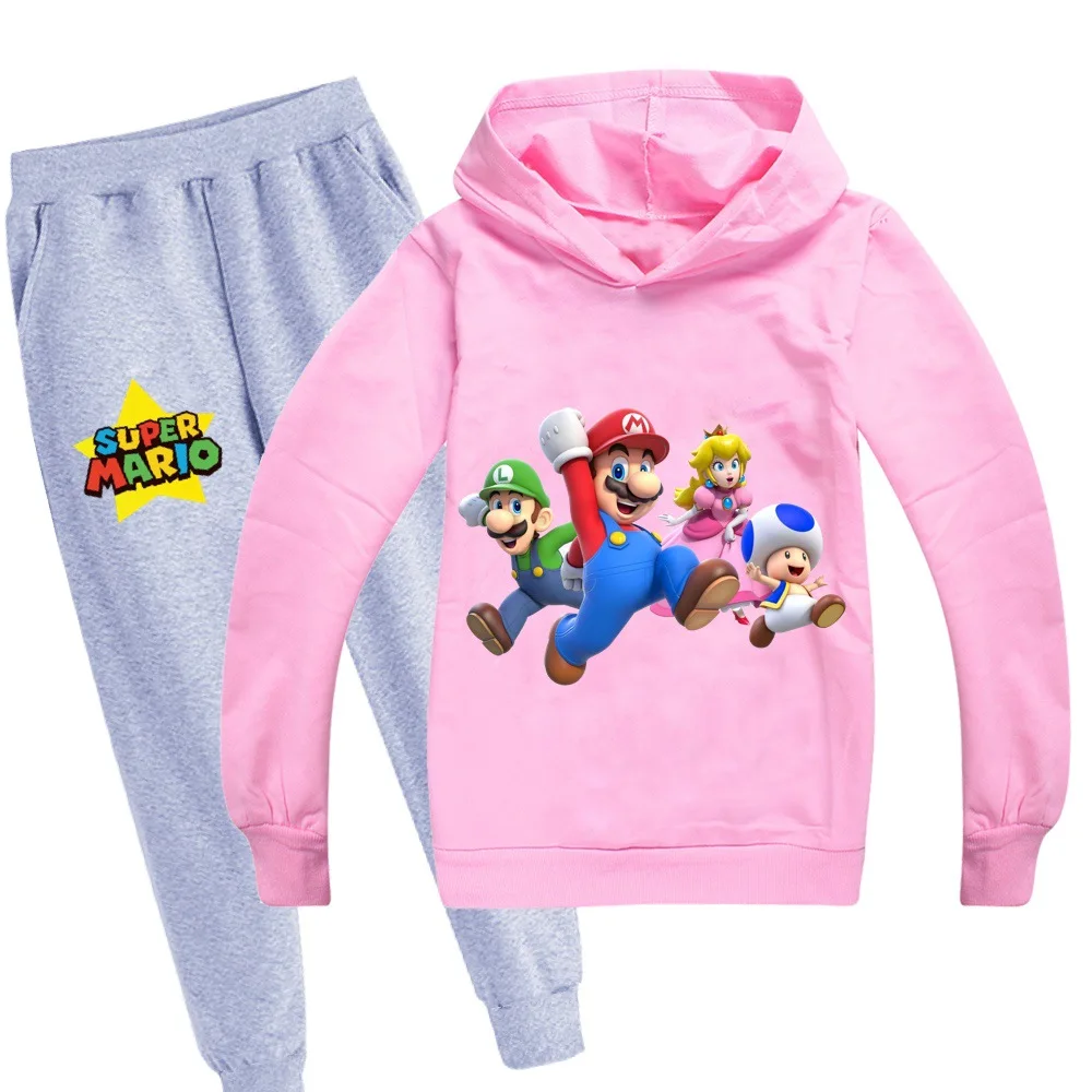 Модные детские свитшоты для мальчиков и девочек с принтом «Супер Марио», комплект из толстовки и штанов, детские толстовки с капюшоном с принтом - Цвет: Темно-серый