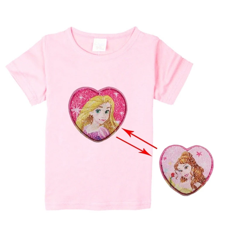 Розовая хлопковая Футболка принцессы с длинными волосами и волшебными пайетками для девочек; От 3 до 10 лет летняя футболка