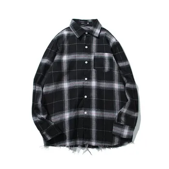 

NAGRI Vintage Plaid Long Sleeve Shirts Tide Brand Men 2020 New Black/White Handsome Irregular Cropped Loose Shirt S M L XL XXL