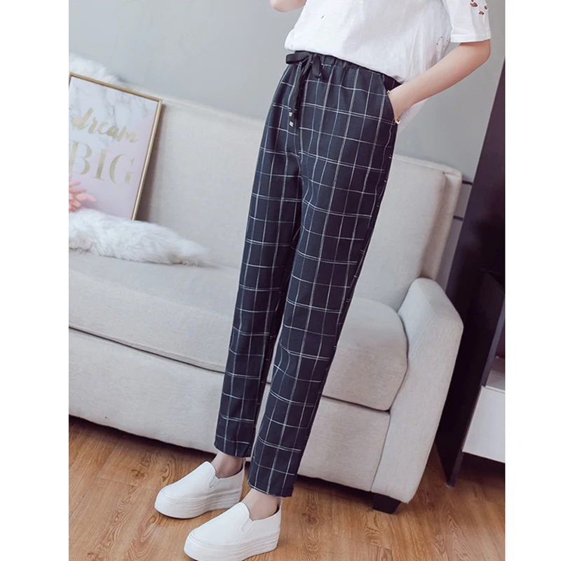 Plaid Pants Women Student Pants Fashion Younger Korean style Cropped Jeans Popular Harem Pants Loose Slim Casual Ninth pants