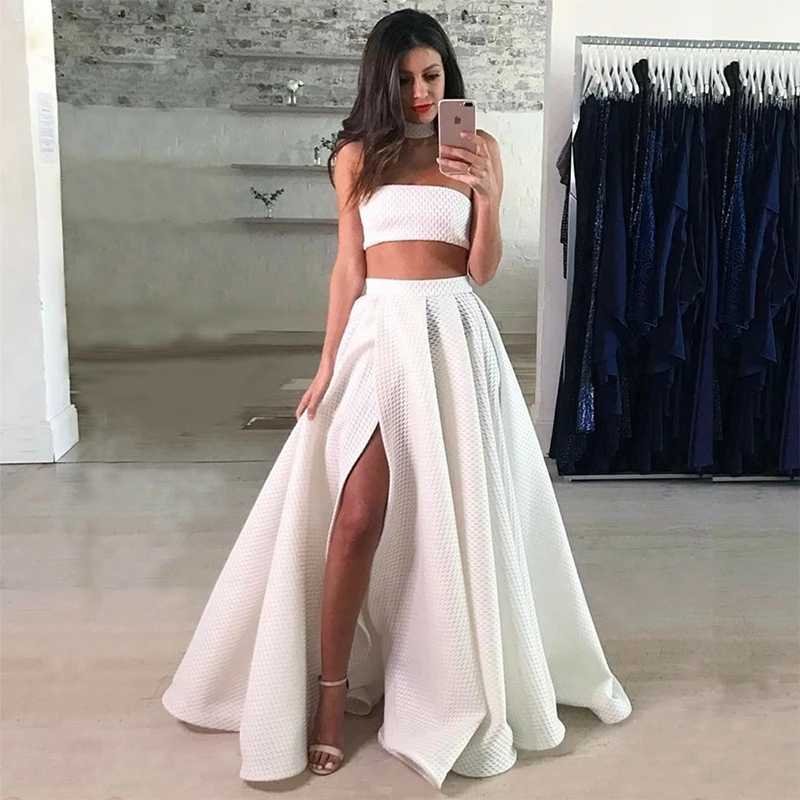 

UZN White Two Pieces Fashion Prom Dresses 2021 Floor Length Halter Neck Sexy Open Shoulder Wrap Skirt Slit Prom Gowns